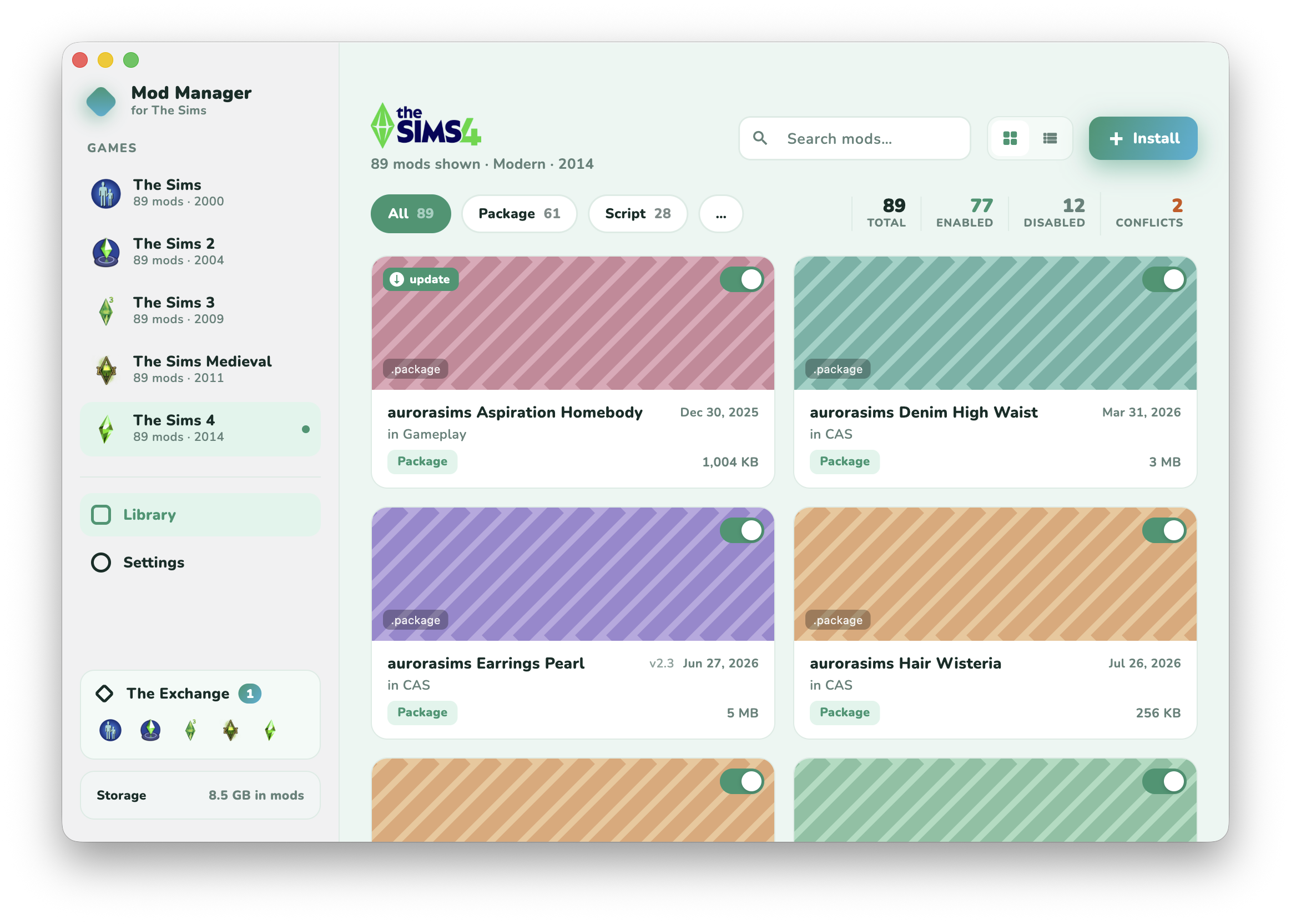 The Sims Mod Manager showing a Sims 4 mod library with thumbnails, categories and enable/disable toggles