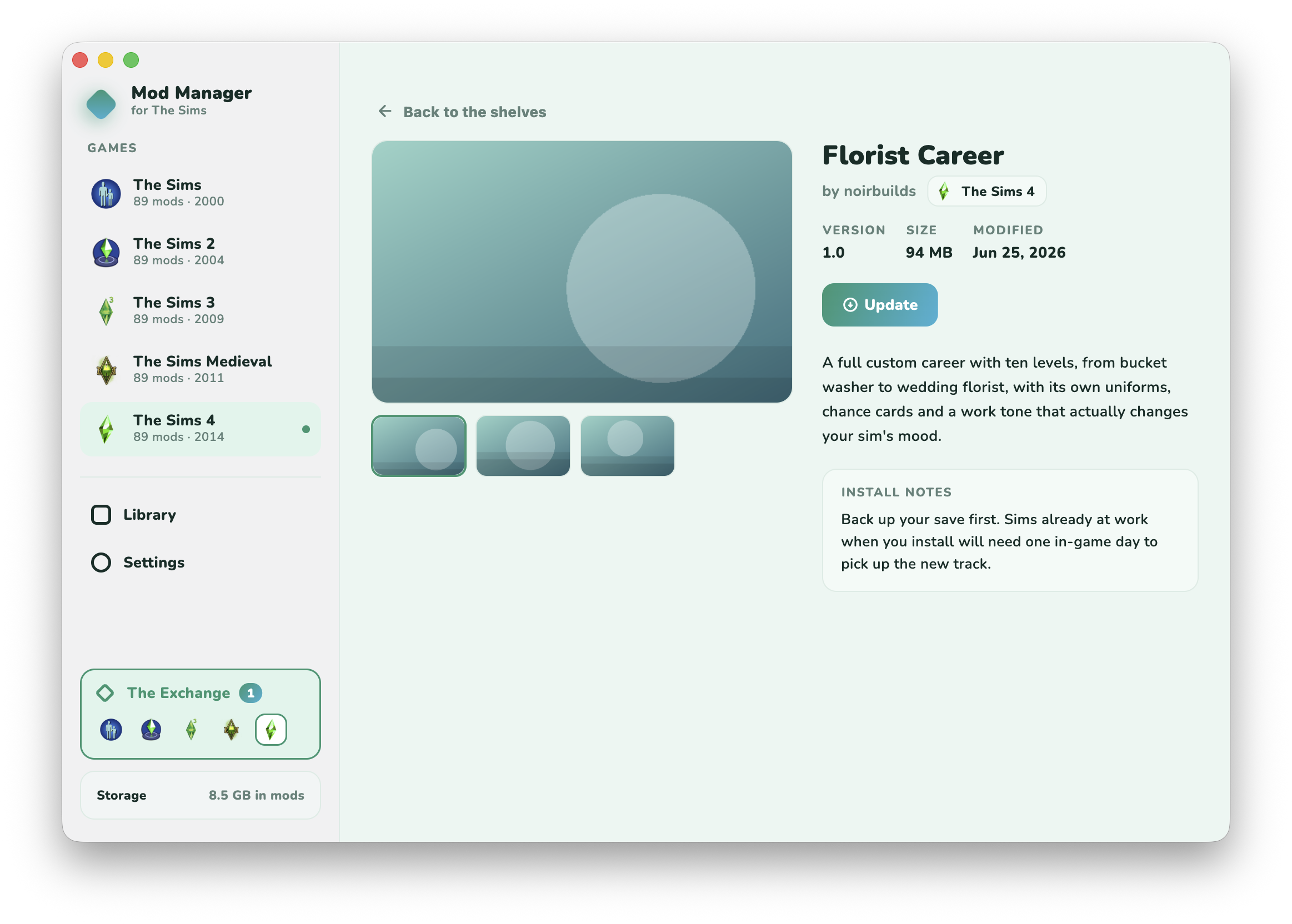 A listing inside the app with its screenshots, version, size, install notes and an Update button