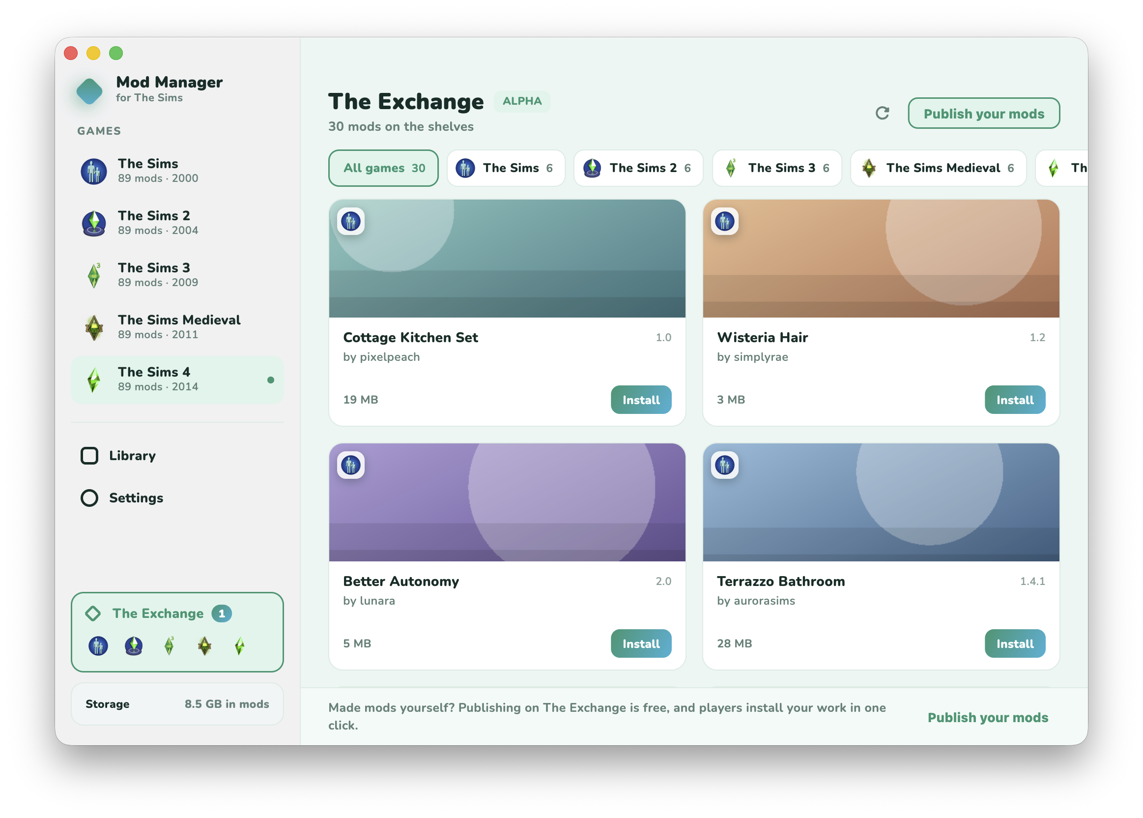 The Exchange inside the app: a row of game filters and mod cards with their cover art, creator, size and an Install button